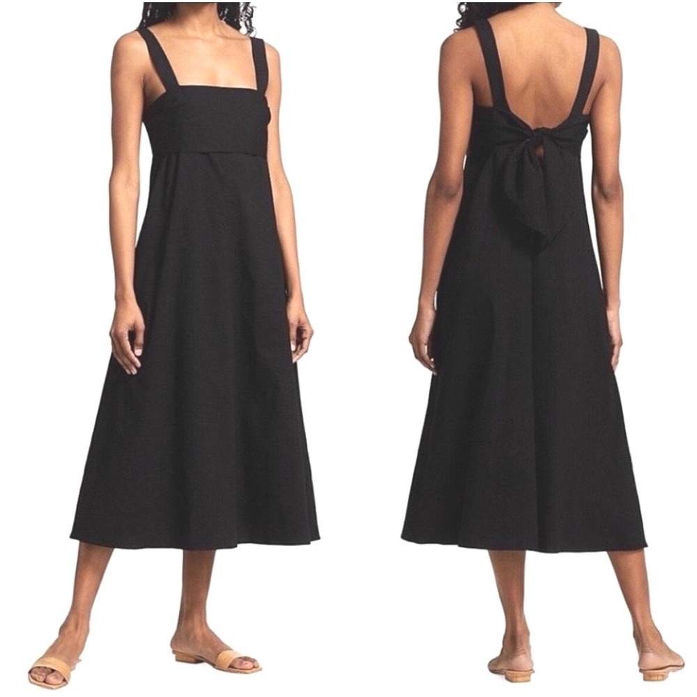 Theory Eco Crunch Tie-Back Linen Midi Dress Black A-Line Square Neck Size M